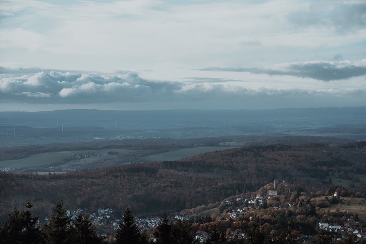A view of a valley with trees and hills